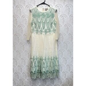 ASOS Embroidered Midi Dress Women Size 8 Cream Sage Green Mesh Sheer Sleeve Boho